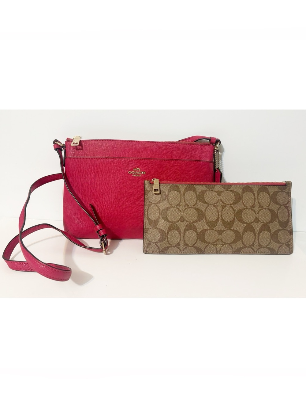 Coach Crossbody Purse Bag w/Pop-Up Pouch, Raspberry Purse, Tan/Brown Pouch